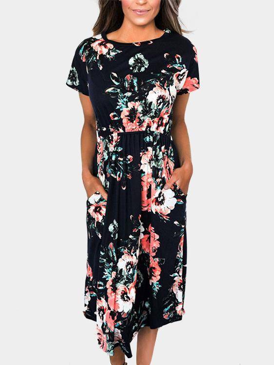 Robe à Imprimé Floral Col Rond