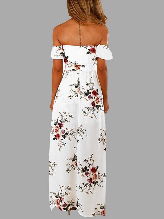 Robe à Imprimé Floral à Epaules Dénudées Blanche