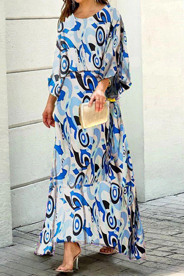 Print Bat Blouse Maxi Skirts Set