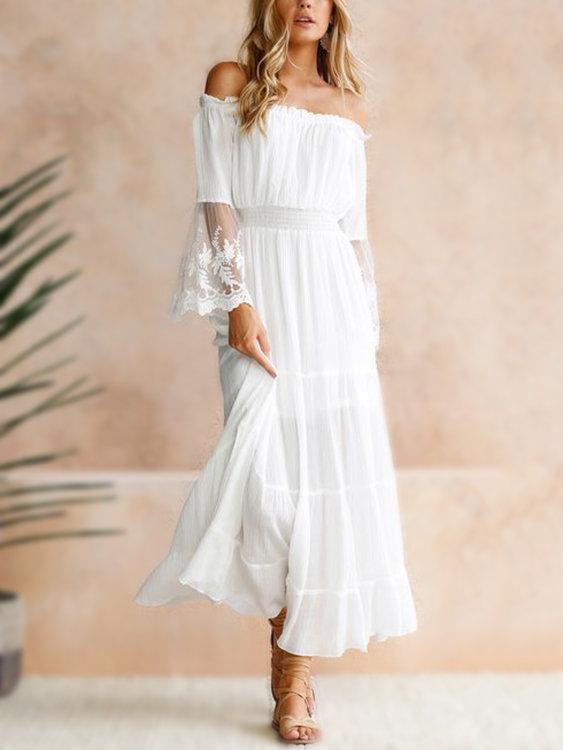 White Lace Details Off The Shoulder Flared Sleeves Maxi Dress