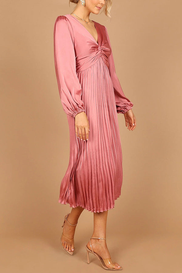 Draw Attention Satin Twist Pleated Midi Dress