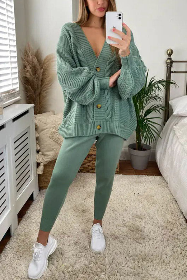 Cozy Island Pocketed Cable Knit Casual Loungewear Set