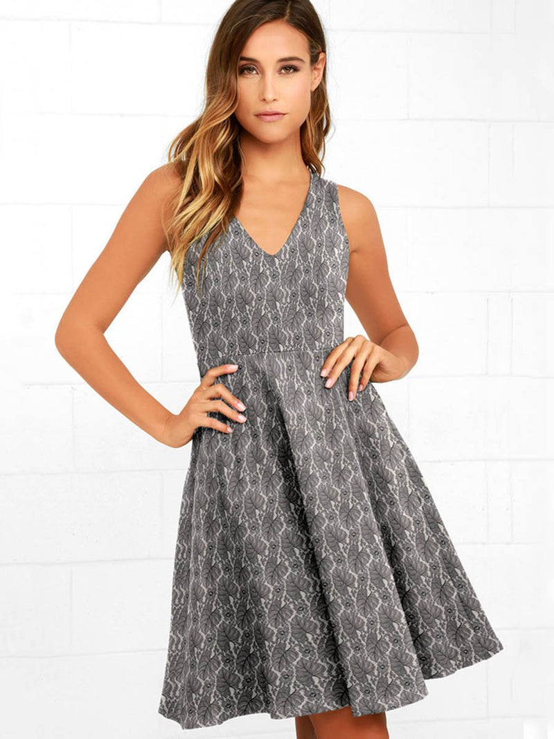 Robe Midi en Évasée Floral avec Col V Gris