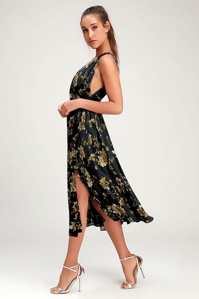 Robe Floral Col V profond Sans Manches Fendue Côté Noir