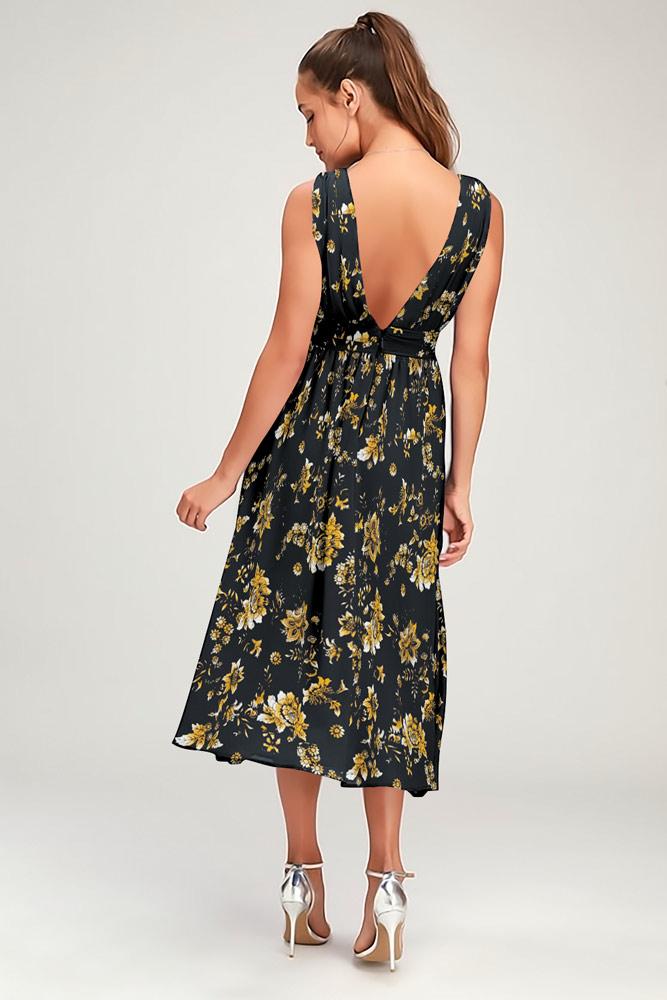 Robe Floral Col V profond Sans Manches Fendue Côté Noir