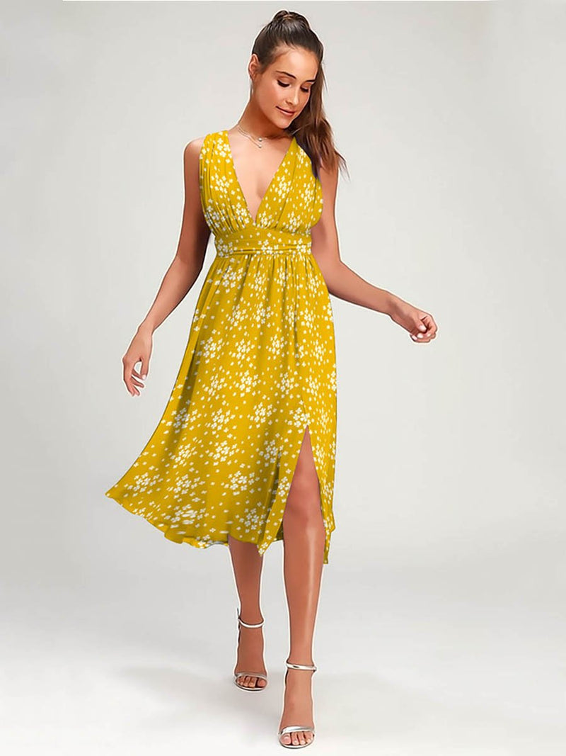 Robe Floral Col V profond Sans Manches Fendue Côté Jaune