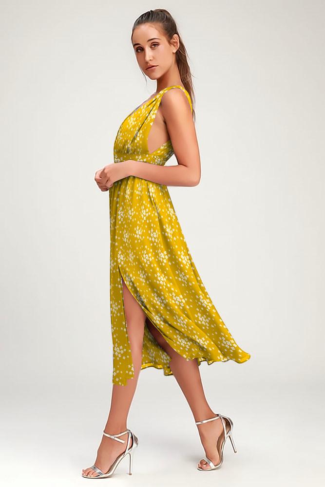 Robe Floral Col V profond Sans Manches Fendue Côté Jaune