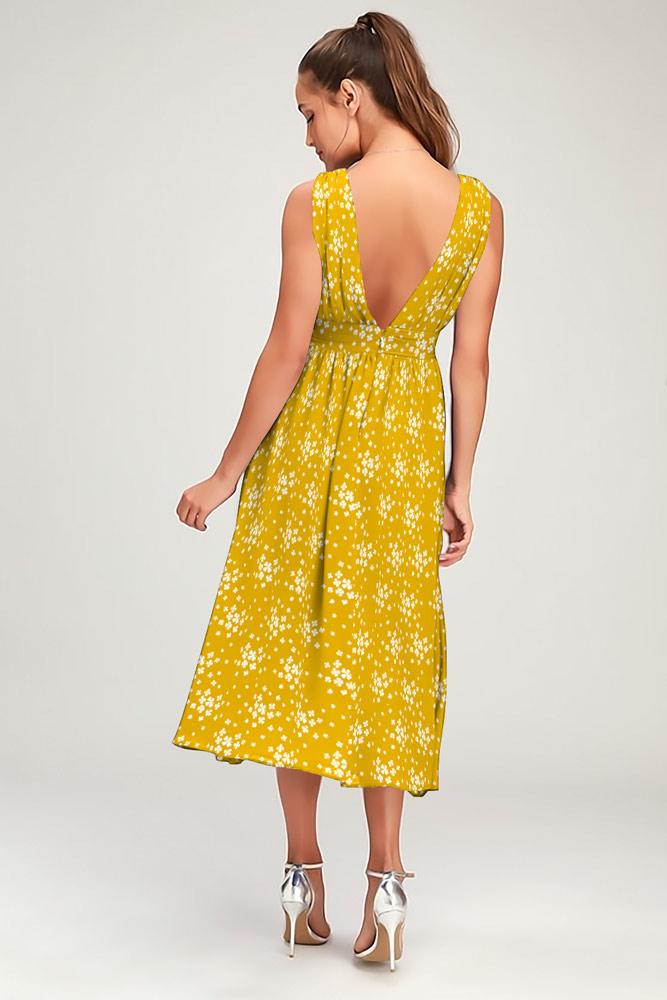 Robe Floral Col V profond Sans Manches Fendue Côté Jaune