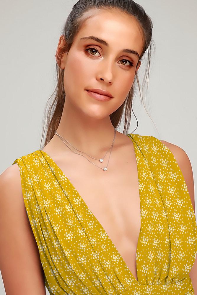 Robe Floral Col V profond Sans Manches Fendue Côté Jaune