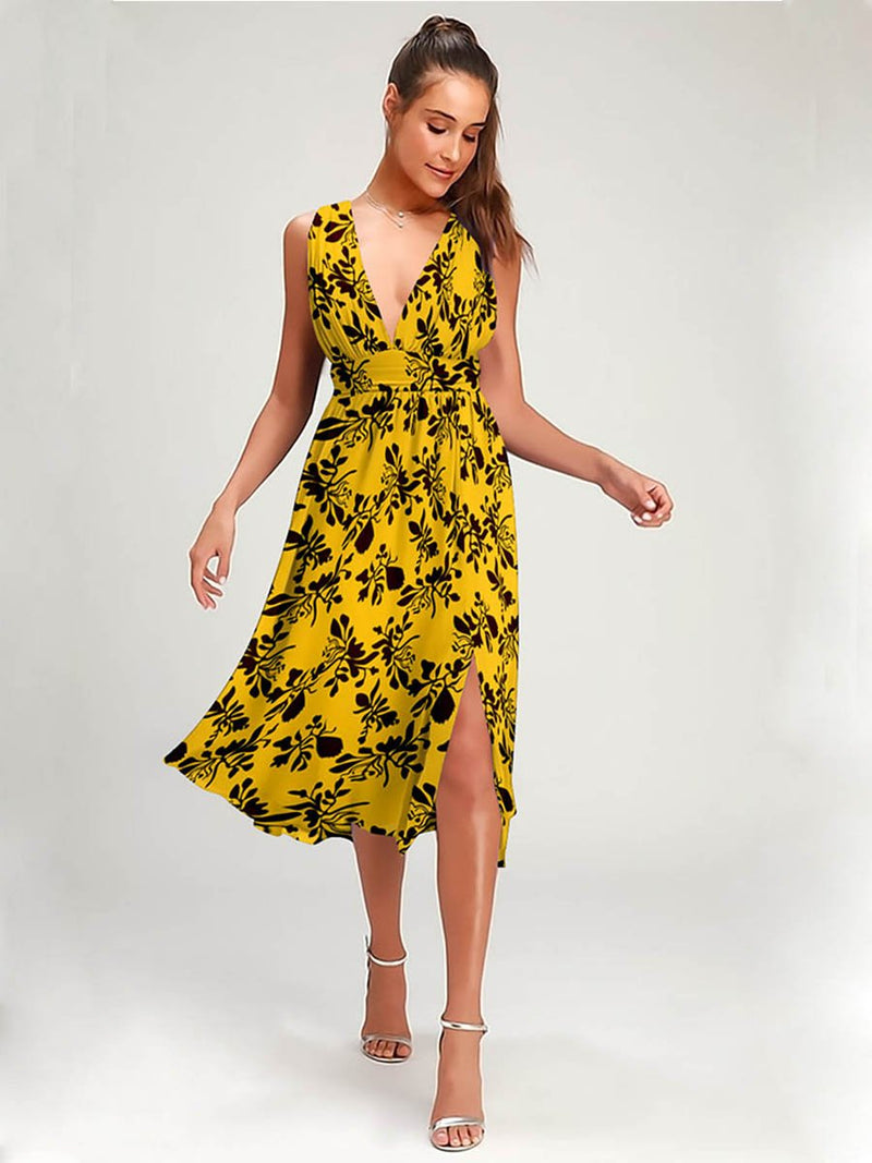 Robe Floral Col V profond Sans Manches Fendue Côté Jaune