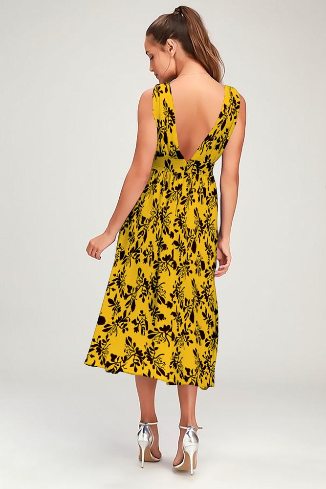 Robe Floral Col V profond Sans Manches Fendue Côté Jaune