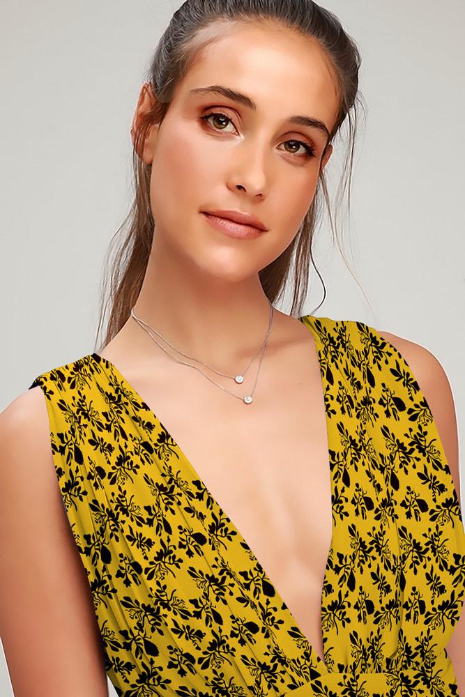 Robe Floral Col V profond Sans Manches Fendue Côté Jaune