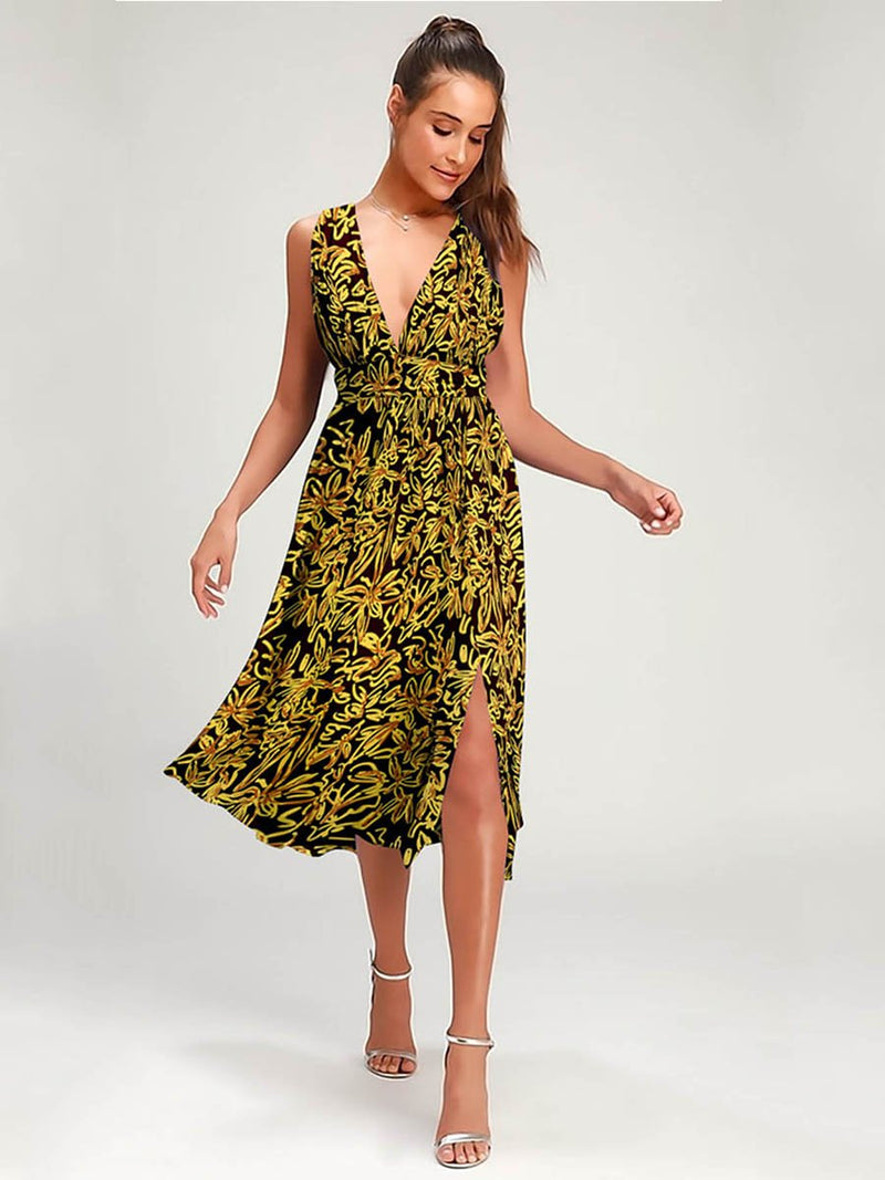 Robe Floral Côté Fendue Col V Noir