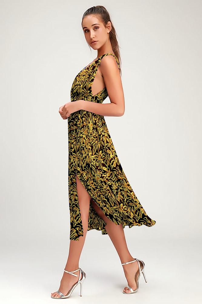 Robe Floral Côté Fendue Col V Noir