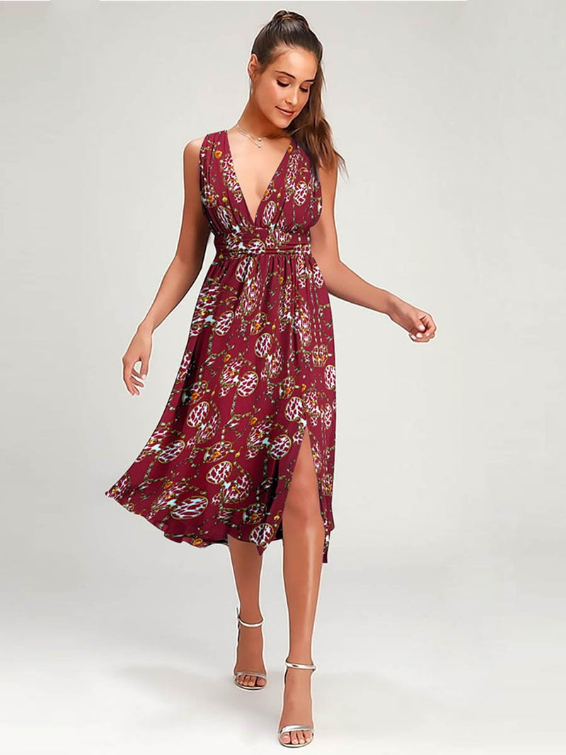 Robe Floral Côté Fendue Col V Marron