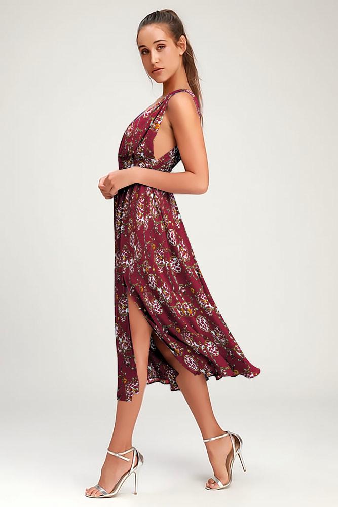 Robe Floral Côté Fendue Col V Marron