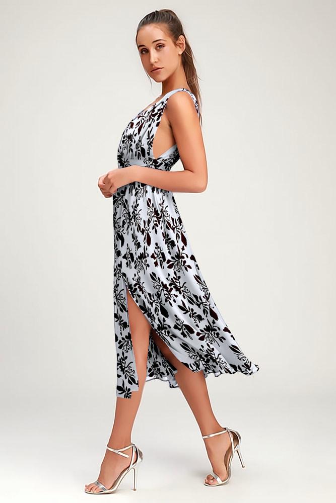 Robe Floral Côté Fendue Col V Noir