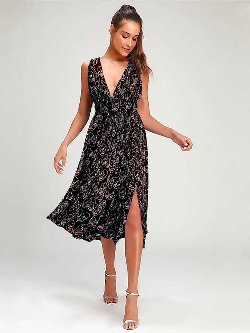 Robe Floral Côté Fendue Col V Noir