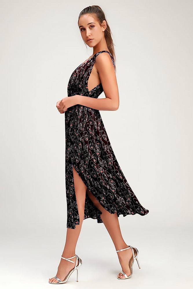 Robe Floral Côté Fendue Col V Noir