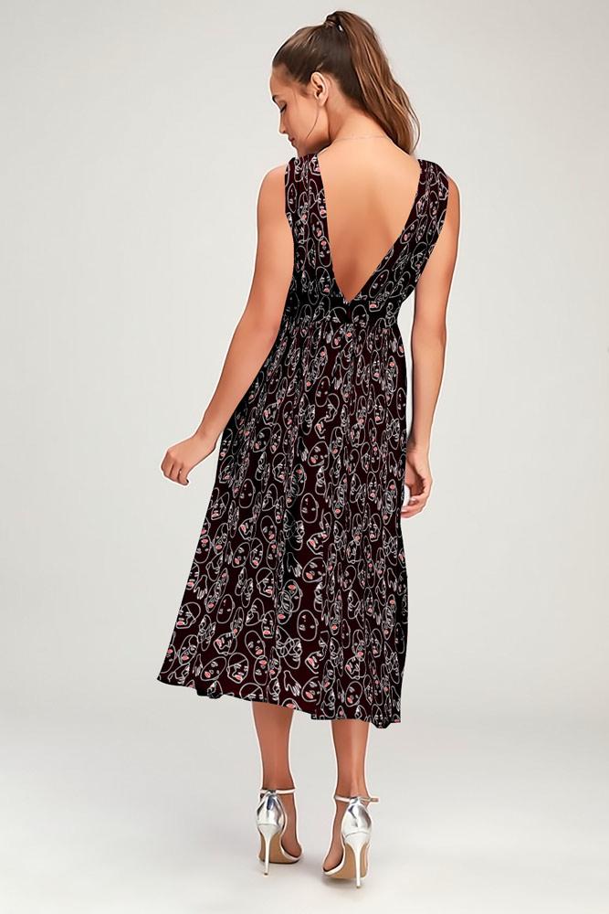 Robe Floral Côté Fendue Col V Noir