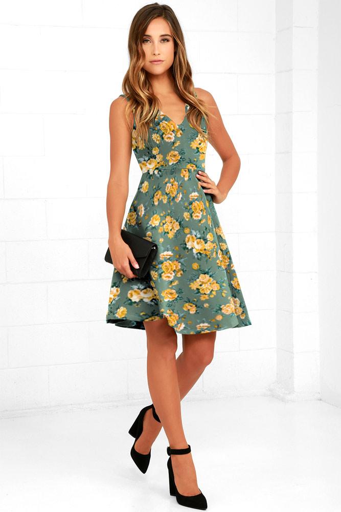 Robe Midi en Évasée Floral avec Col V Vert