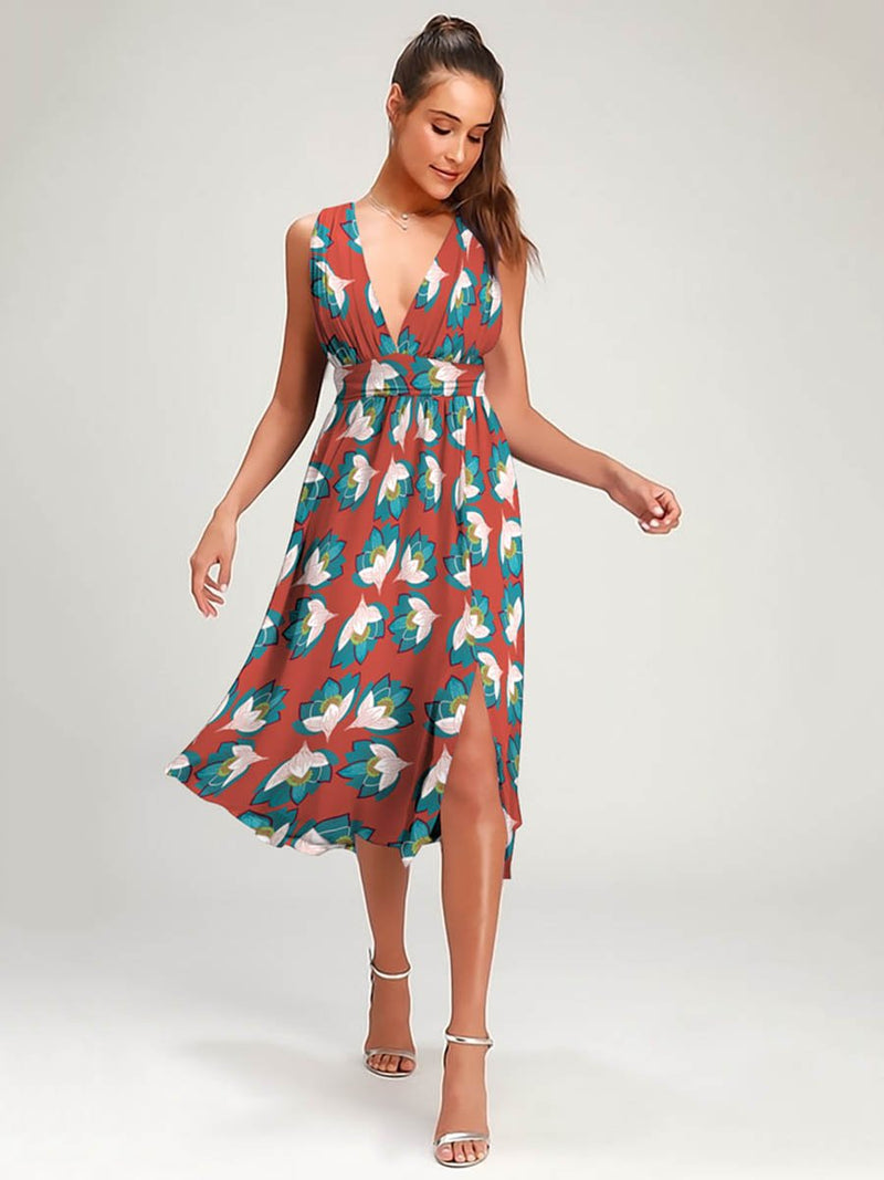 Robe Midi Floral Col V Côté Fendue Noir