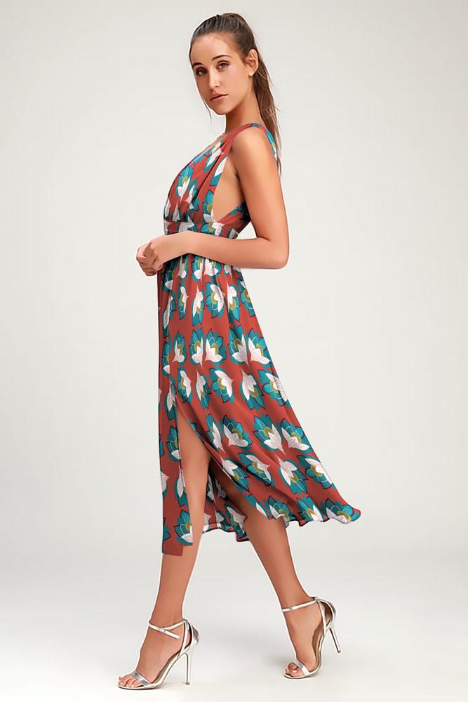 Robe Midi Floral Col V Côté Fendue Marron