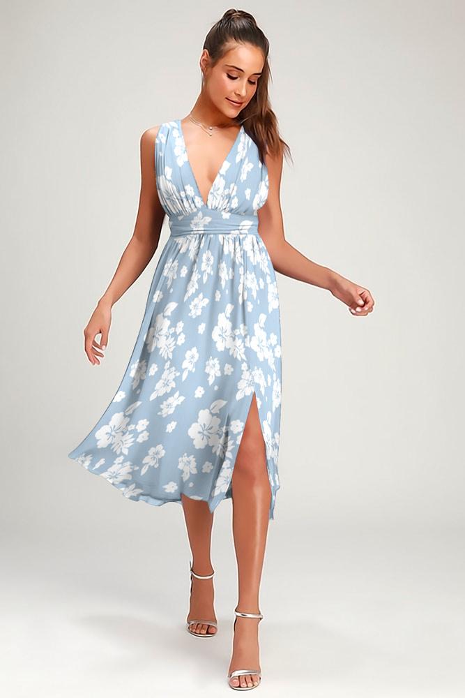 Robe Midi Ourlet Fendue Col V Sans Manches Bleu Ciel