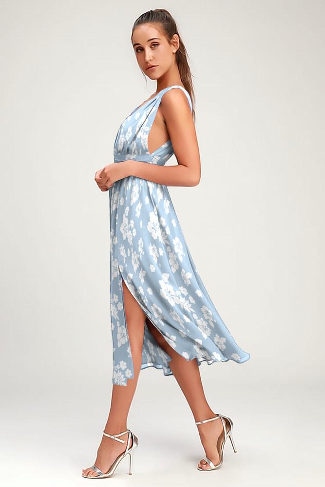 Robe Midi Ourlet Fendue Col V Sans Manches Bleu Ciel