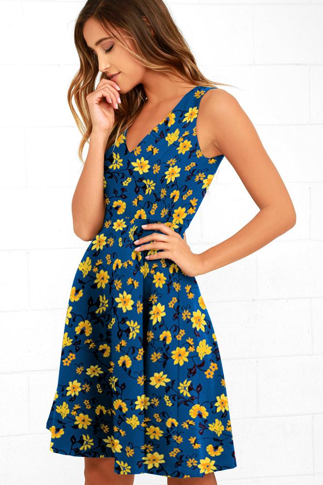 Robe Midi en Évasée Floral avec Col V Bleu