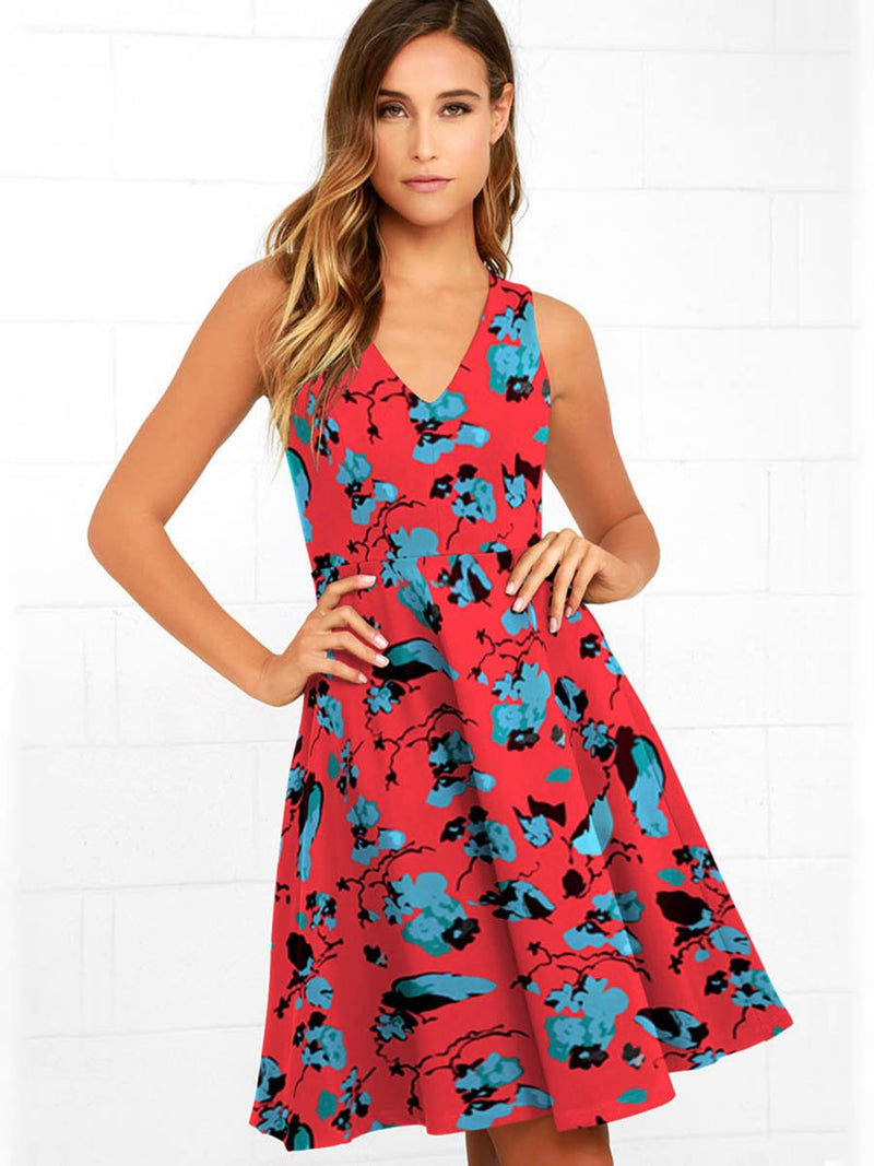 Robe Midi Évasée à Floral et Col en V Bleu Foncé