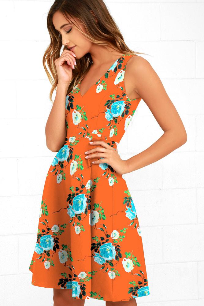 Robe Midi Évasée à Floral et Col en V Vert