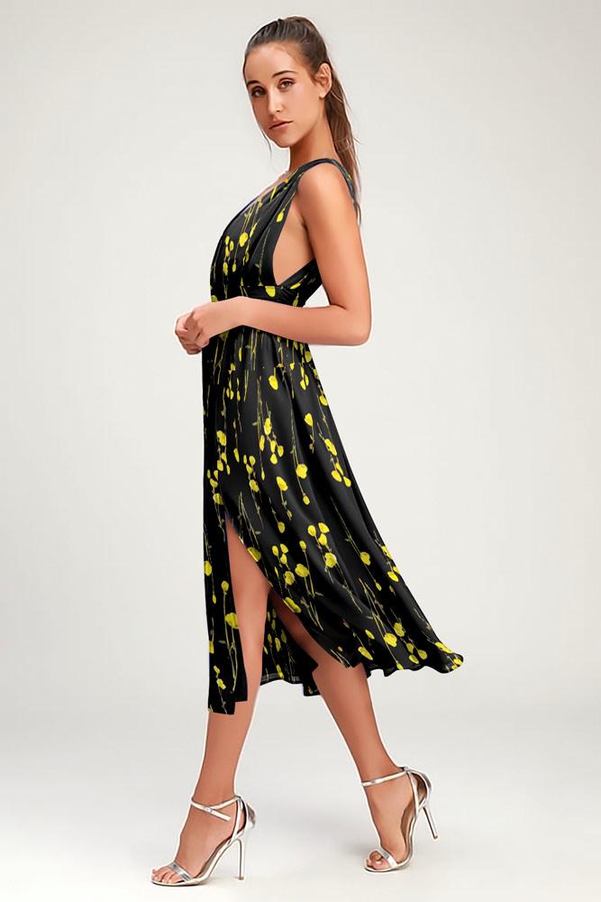 Robe Midi Floral Col V Côté Fendue Marron