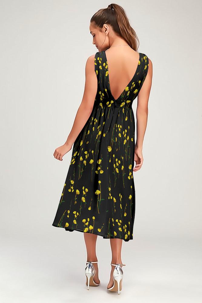 Robe Midi Floral Col V Côté Fendue Noir