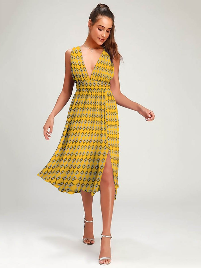 Robe Midi Côté Fendue Fleurie Col en V Or