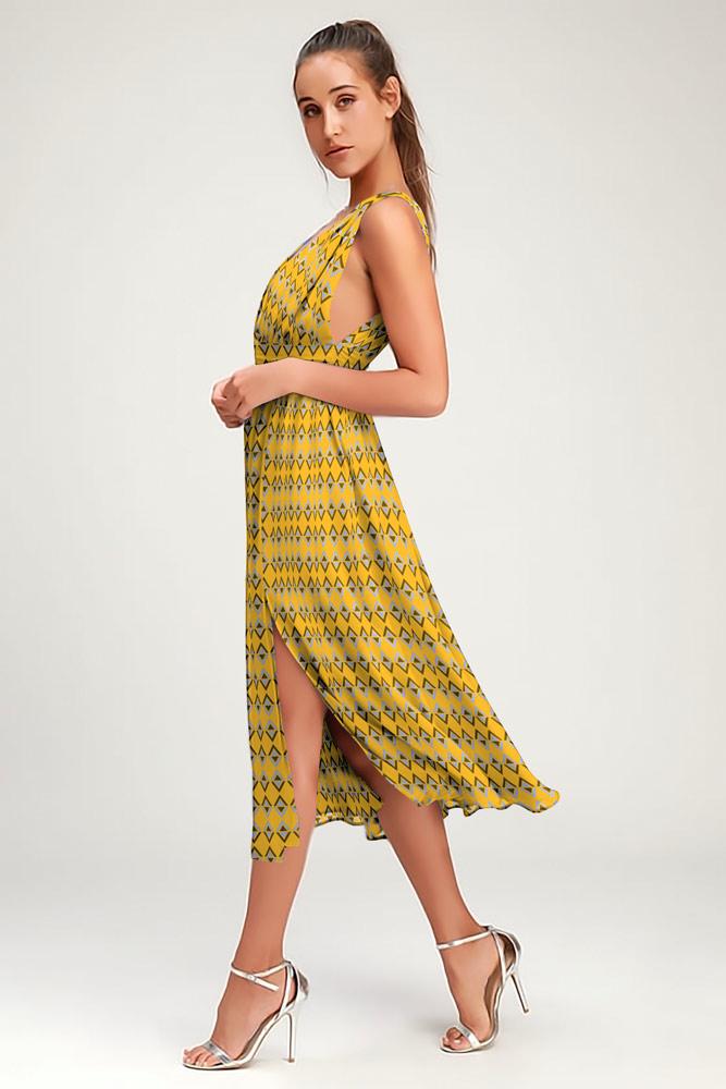 Robe Midi Côté Fendue Fleurie Col en V Jaune