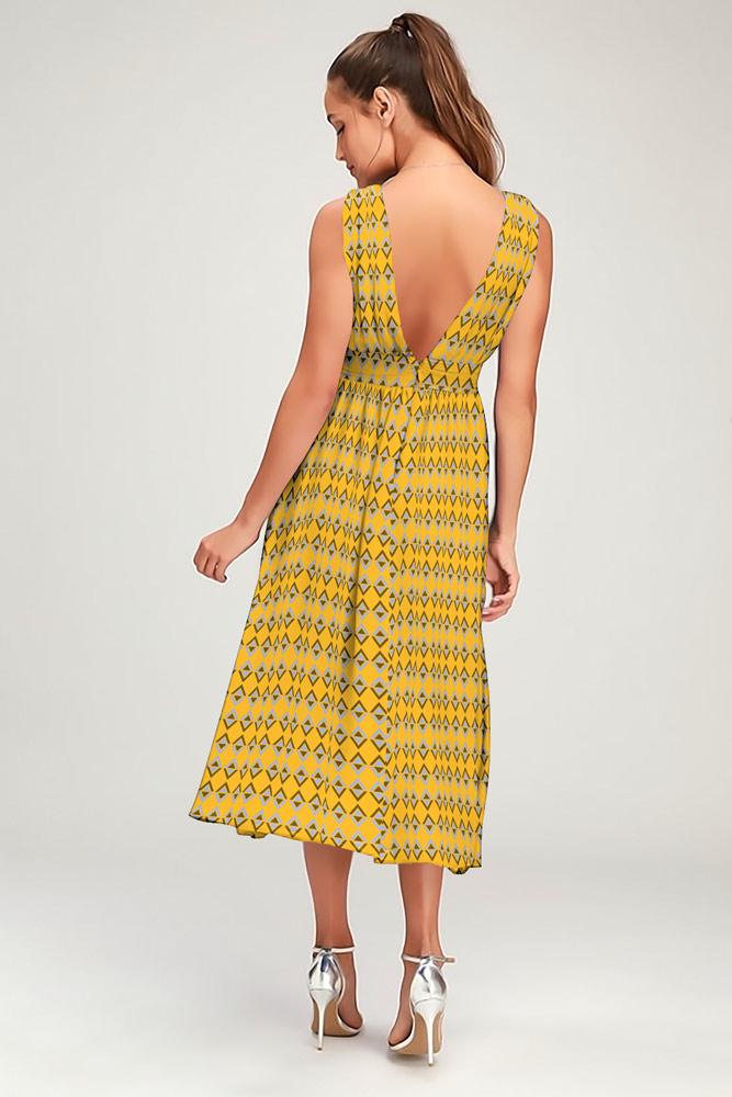 Robe Midi Côté Fendue Fleurie Col en V Jaune