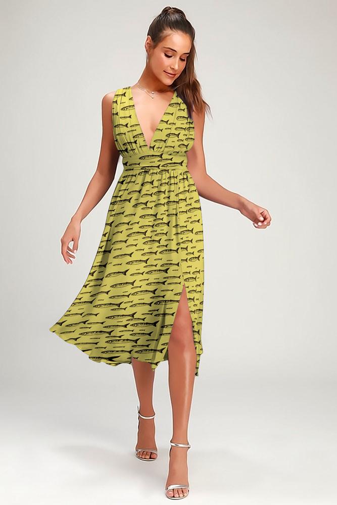 Robe Midi Côté Fendue Fleurie Col en V Vert