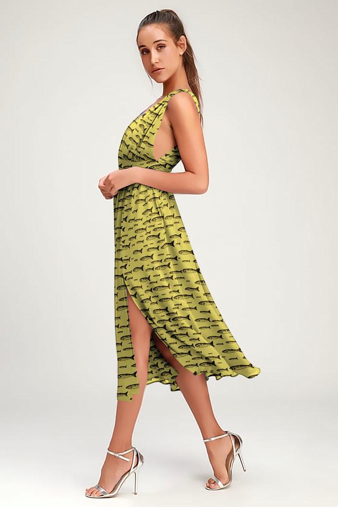 Robe Midi Côté Fendue Fleurie Col en V Jaune