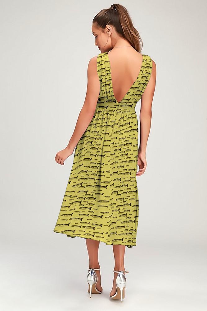 Robe Midi Côté Fendue Fleurie Col en V Vert