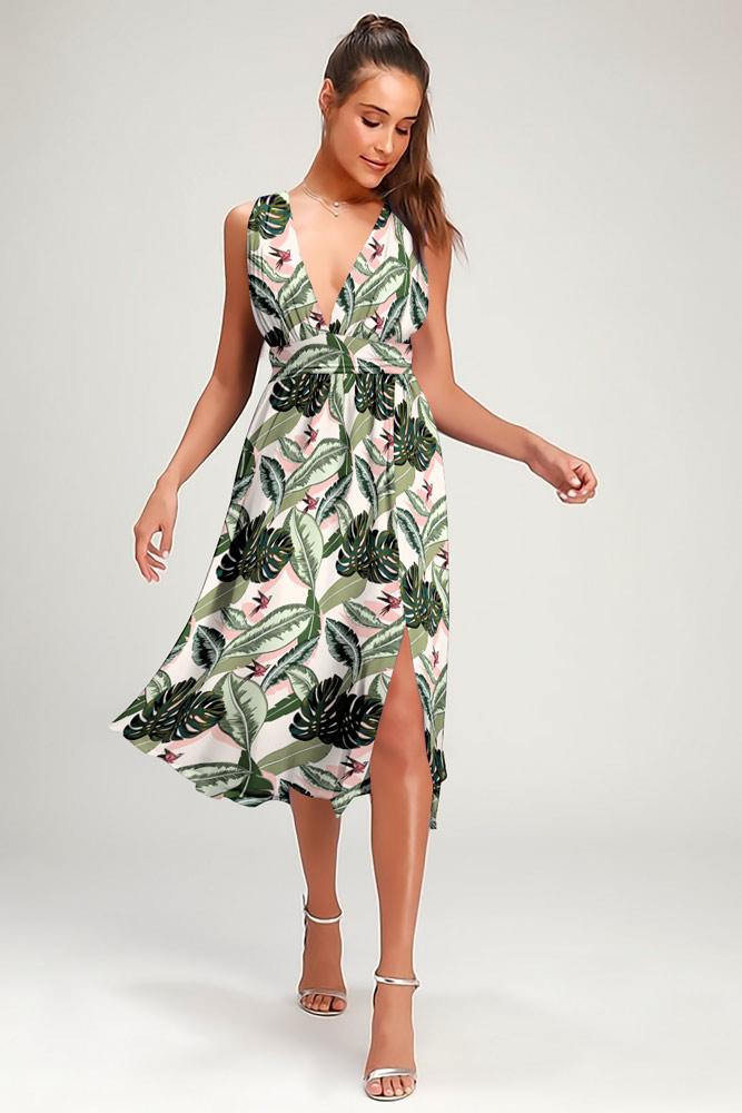 Robe Midi Côté Fendue Fleurie Col en V Vert