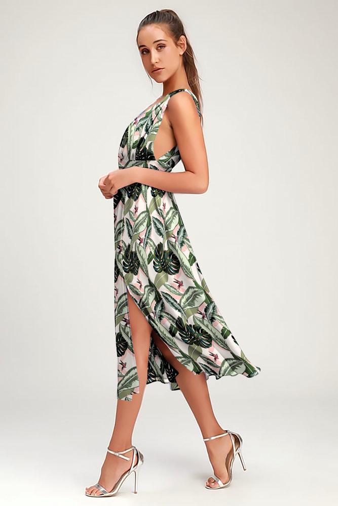 Robe Midi Côté Fendue Fleurie Col en V Vert