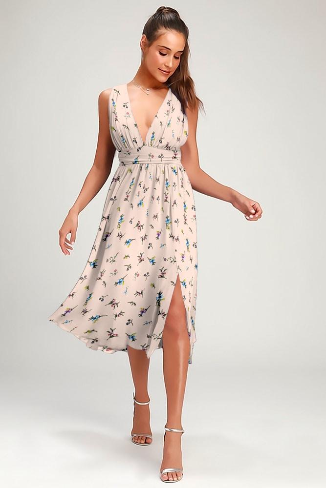 Robe Midi Côté Fendue Fleurie Col en V Or