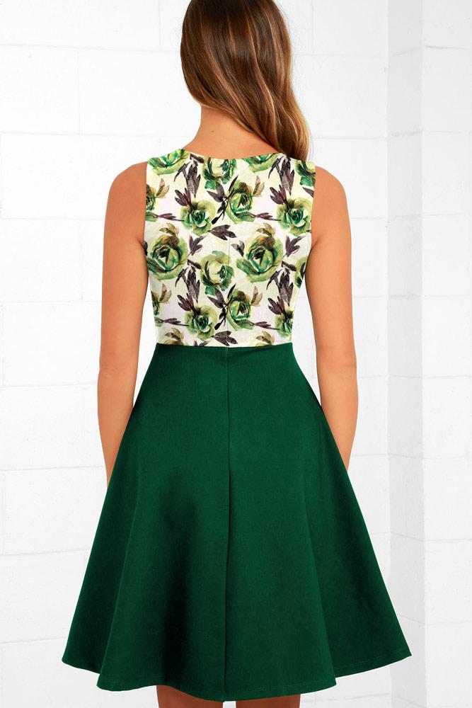 Robe Mi-Longue à Fleurs et Débardeur Évasée Vert