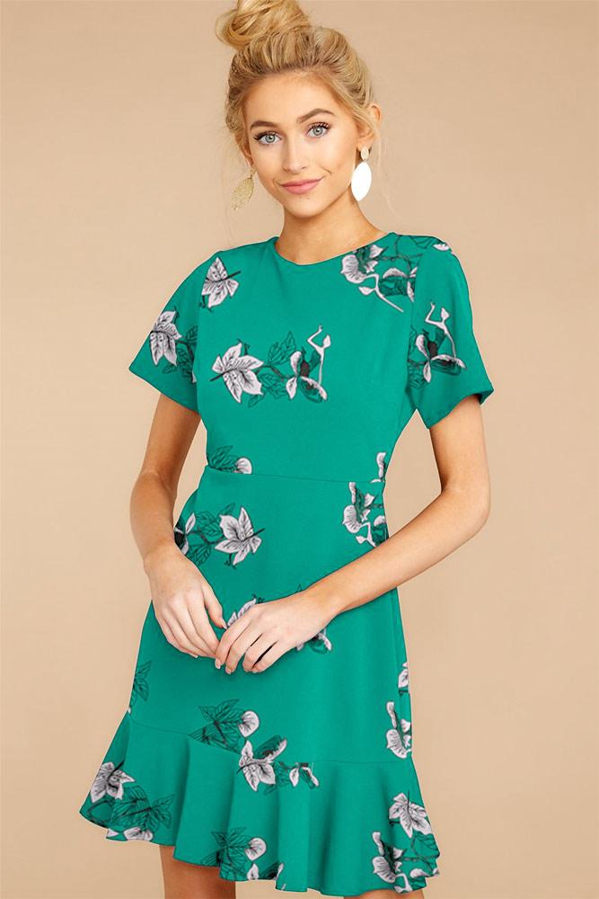 Mini-Robe Plage Évasée Manches Courtes Floral Vert Foncé