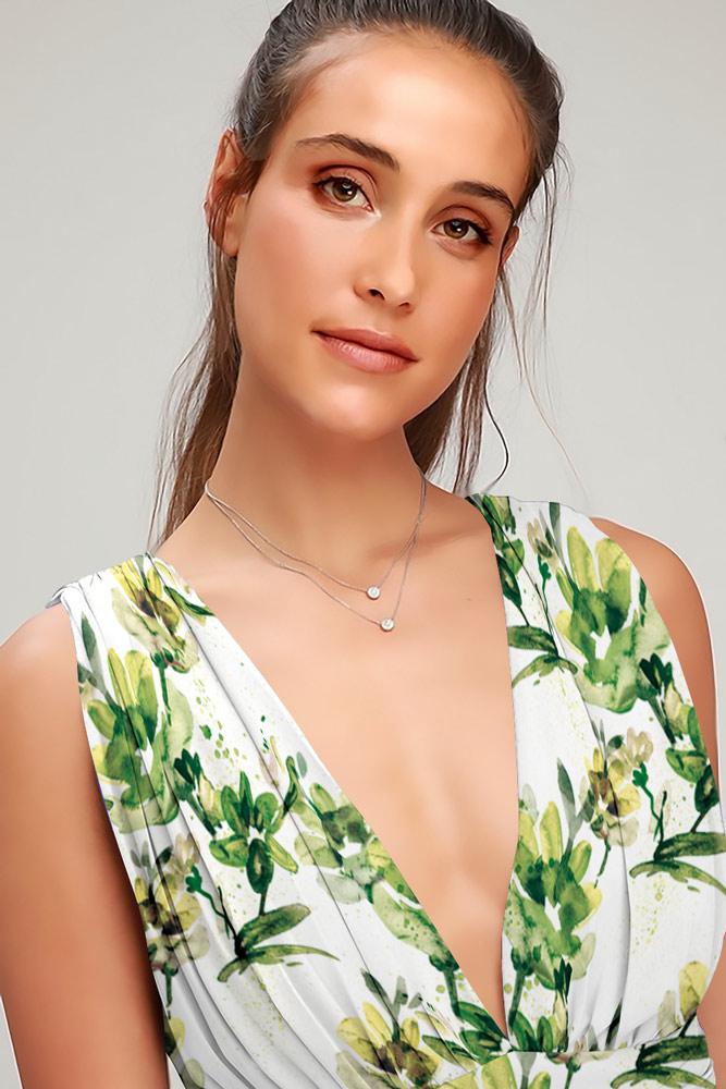 Robe mi-longue à fleurs et à encolure en V vert