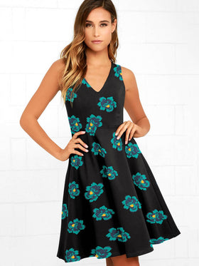 Robe Mi-Longue Col en V Fleurie Évasées Noir Floral