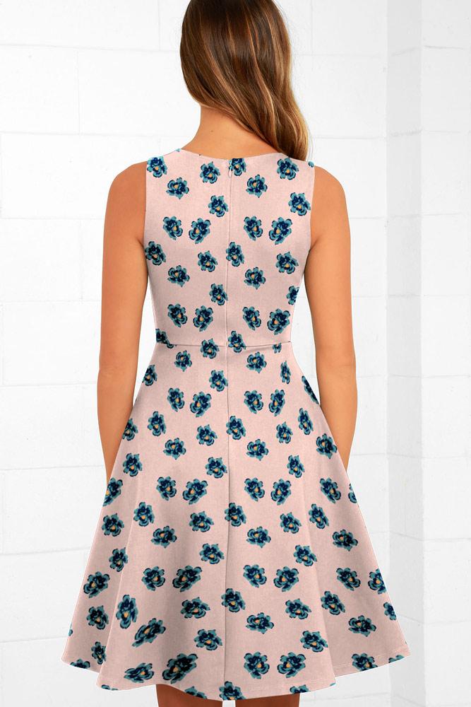 Robe Mi-Longue Évasée Fleurie Col en V Bleu Marine