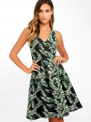 Robe Mi-Longue Évasée à Fleurs et Col en V Vert Olive Foncé