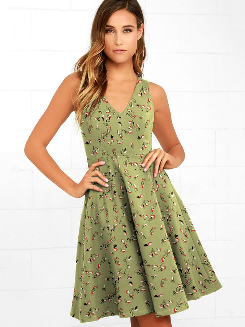 Robe Mi-Longue Évasée à Fleurs et Col en V Vert Olive Foncé